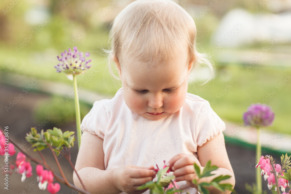 Cute baby girl smelling pink flower in the garden Cute baby girl smelling pink flower in the garden