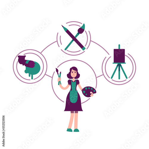 Creator archetype flat concept vector illustration. Female painter 2D cartoon character for web design. Artistic hobby. Girl with oil paint, brushes and easel. Artist personality type creative idea