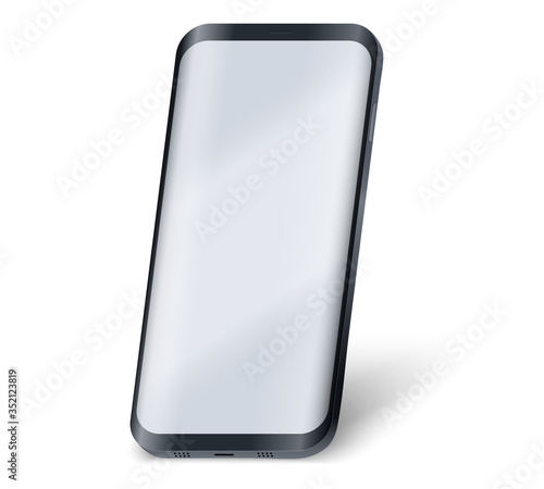 Smartphone UI presentation mockup. Example frameless black model smartphone with touchscreen showcase in perspective. Technology application mockup. Vector Illustration isolated on white background.