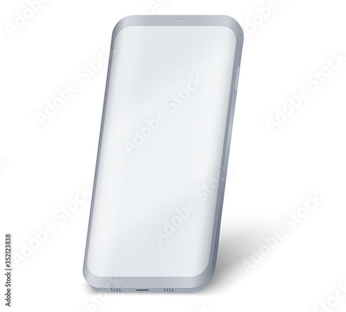 Smartphone UI presentation mockup. Example frameless gray model smartphone with touchscreen showcase in perspective. Technology application mockup. Vector Illustration isolated on white background.
