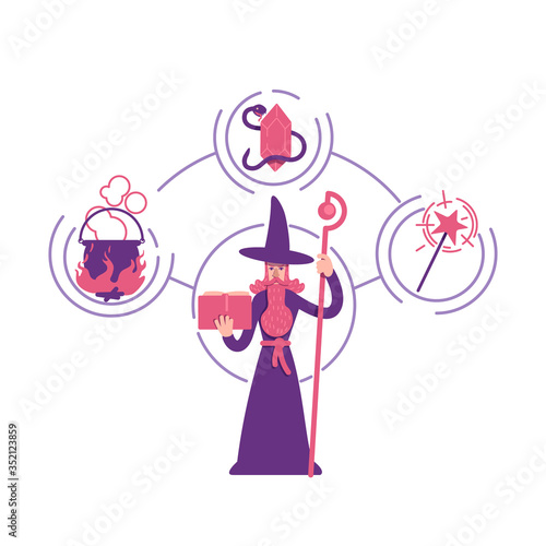 Magician archetype flat concept vector illustration. Old man with beard holding magic book 2D cartoon character for web design. Fantasy wizard. Alchemist personality type creative idea photo