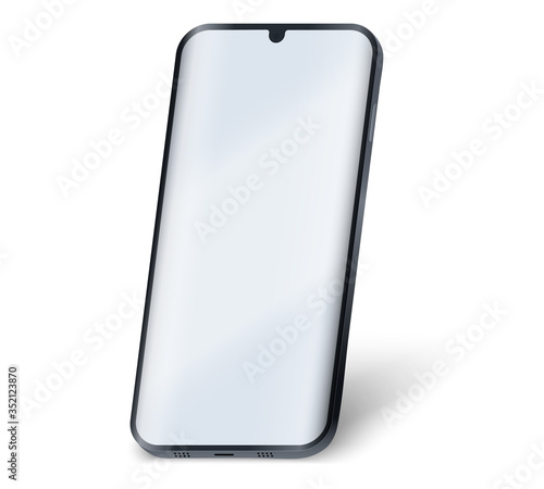 Smartphone UI presentation mockup. Sample frameless black model smartphone with notch and touchscreen showcase in perspective. Technology application mockup. Vector Illustration