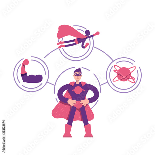 Hero archetype flat concept vector illustration. Young brave man in cape 2D cartoon character for web design. Comic powerful superhero in costume. Rescuer personality type creative idea