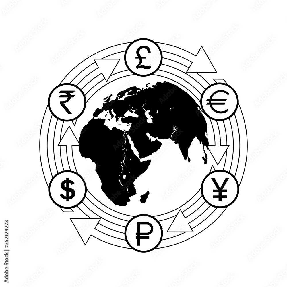 Currency exchange. Symbols of money, currencies of different countries of the world are located