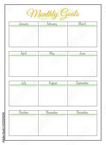 Annual monthly goals minimalist planner page design. Schedule grid for timetable plan. Event memo. Task for month bullet journal printable sheet. Personal organizer. Notebook vector template