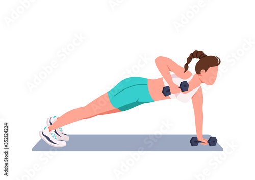 Woman doing push ups with dumbbells flat color vector faceless character. Young sportswoman, fitness instructor working out at home isolated cartoon illustration for web graphic design and animation