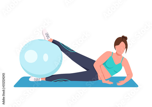 Woman training with swiss ball flat color vector faceless character. Home fitness. Sportswoman working out with stability ball isolated cartoon illustration for web graphic design and animation