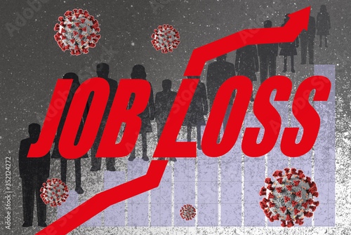 Job loss in words with intersecting line chart and silhouettes of people overlaid with coronavirus Covid-19