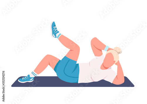 Sportswoman doing crunches flat color vector faceless character. Fitness instructor working out isolated cartoon illustration for web graphic design and animation. Abdominal muscle training at home