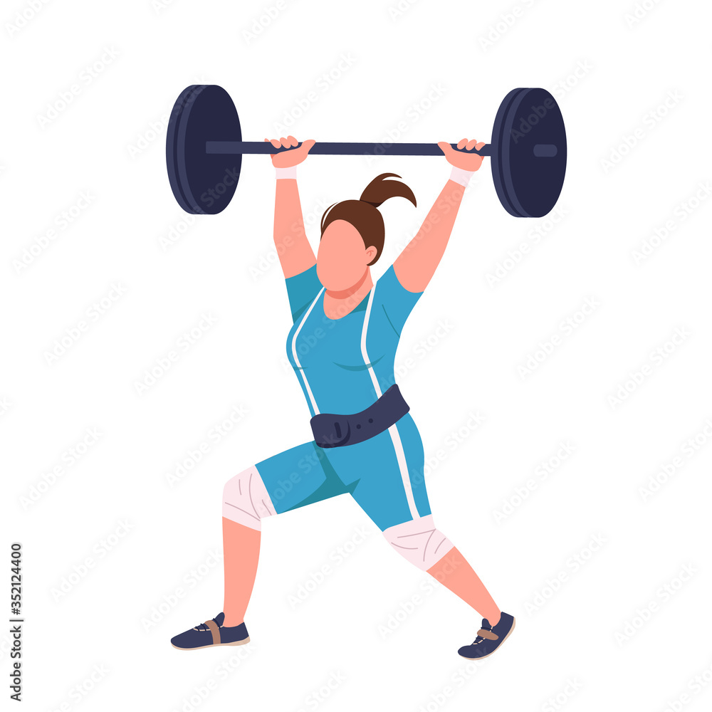 Obraz premium Female powerlifter lifting barbell flat color vector faceless character. Sportswoman workout isolated cartoon illustration for web graphic design and animation. Professional weightlifting exercise