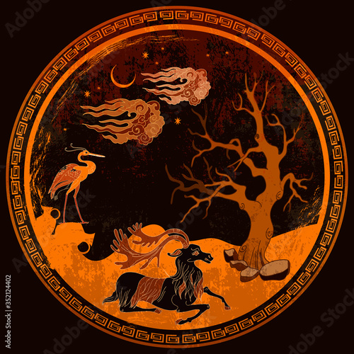 Greek vase painting concept. Deer and old tree. Meander circle style. Red figure techniques. Ancient Greece art. Mythology and legends