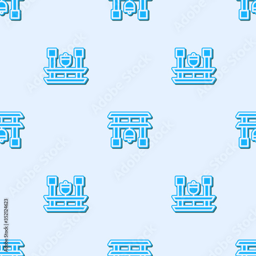 Blue line Japan Gate icon isolated seamless pattern on grey background. Torii gate sign. Japanese traditional classic gate symbol. Vector