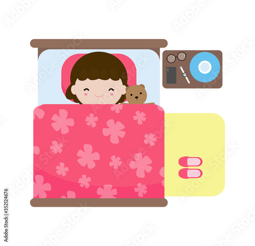 children sleep in bed, good night, daily routine concept, isolated on white background vector illustration in flat style