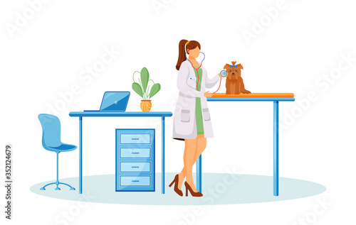 Vet doctor flat color vector faceless character. Female nurse check dog. Pet on table for medical care. Pet treatment. Veterinary isolated cartoon illustration for web graphic design and animation
