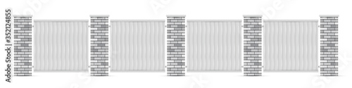 White brick poles fence with white wooden boards. Vector illustration