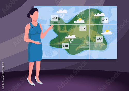 Weather forecast flat color vector illustration. Female weather presenter, professional broadcaster 2D cartoon character with precipitation map on background. Daily meteorological news report