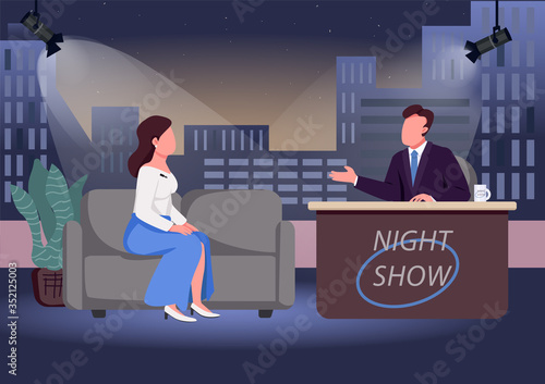 Night show flat color vector illustration. Chat show host and famous guest 2D cartoon characters with studio on background. Evening talk show. Live communication, interview with celebrity