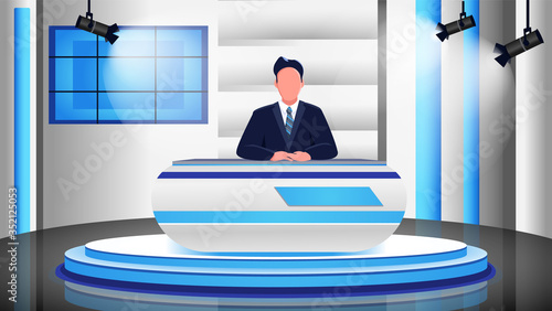 News program flat color vector illustration. Male newscaster, newsreader, anchorman 2D cartoon character with studio on background. Professional news presenter in spotlights. Television broadcast