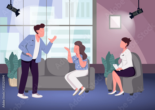Conflict at talk show flat color vector illustration. Chat show host and arguing guests 2D cartoon characters with studio on background. Problem at TV studio. Couple quarreling on public