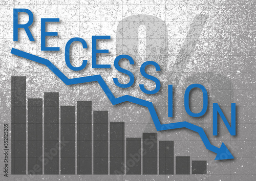 Recession word in blue on top of line chart over bar chart 