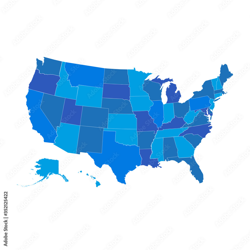 United States vector map, USA map in blue color palette, all states separately