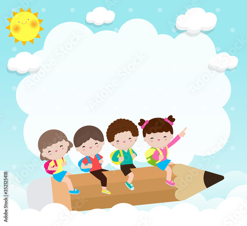 Back to school, group of cartoon Children flying on pencil, kids riding big pencil in the sky, education concept poster vector illustration isolated on background