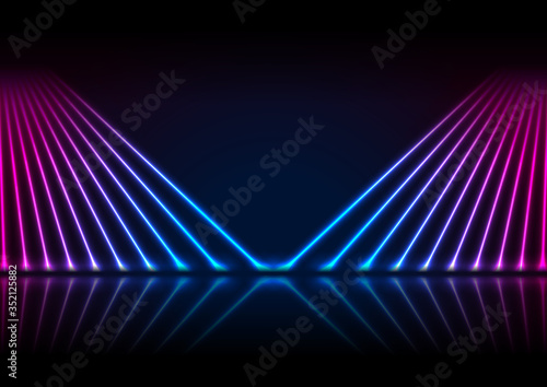 Blue and ultraviolet neon laser lines with reflection. Abstract rays technology retro background. Futuristic glowing graphic design. Modern vector illustration
