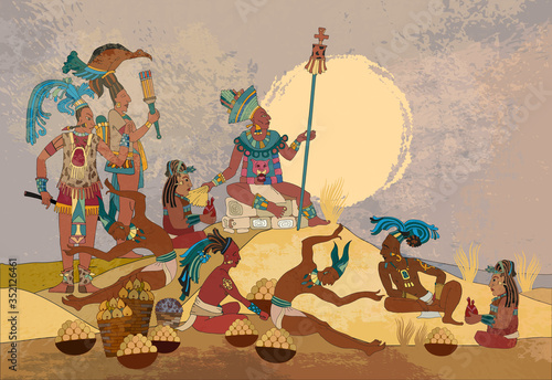 Ancient Mayan. Mural Painting. Seamless pattern. Old frescos style. Inca people. Pyramid and tribe. Maya background. Historical art. Ancient mexican history
