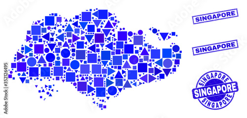 Vector mosaic Singapore map. Geographic scheme in blue color tones, and dirty round and rectangle stamp seals. Abstract mosaic of Singapore map done of round, triangles, square geometric elements.