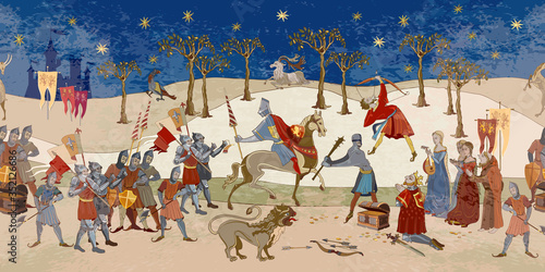 Medieval battle scene. Seamless pattern. Crusaders warriors and soldiers go to war. Holy Grail. Middle Ages, parchment style. Historical crusades. Ancient book vector illustration
