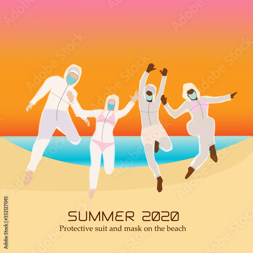 Young people in swimwear and protective suits with medical masks. Summer vacation after removal quarantine of 2020 on the beach. Humor flat vector concept covid-19.