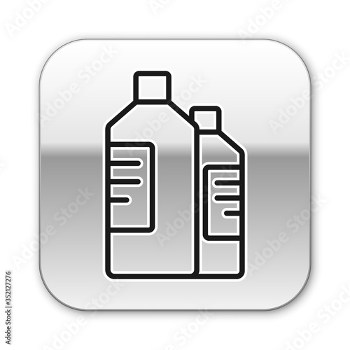 Black line Plastic bottles for laundry detergent, bleach, dishwashing liquid or another cleaning agent icon isolated on white background. Silver square button. Vector