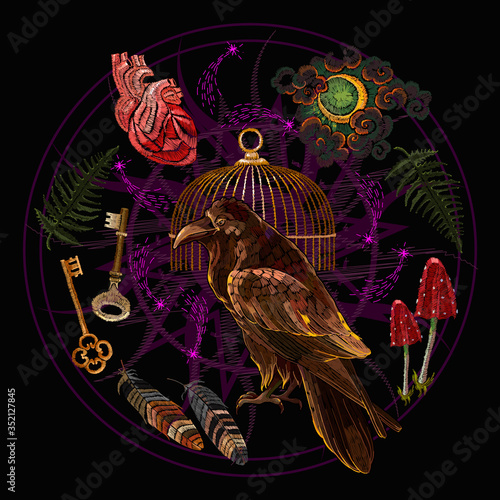 Alchemy art. Raven, golden cage, moon, fern, keys and anatomical heart. Occult and esoteric art. Black magic illustration. Embroidery. Dark gothic template for clothes, textile, t-shirt design