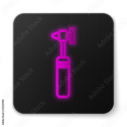Glowing neon line Medical otoscope tool icon isolated on white background. Medical instrument. Black square button. Vector