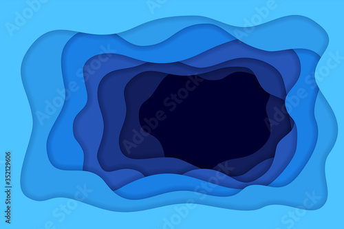 Paper underwater sea with waves and deep effect. Origami style marine background. Vector illustration.
