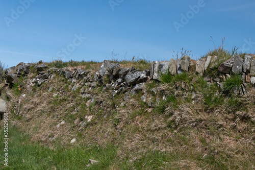 View of grass growing out of a drystone wall photo