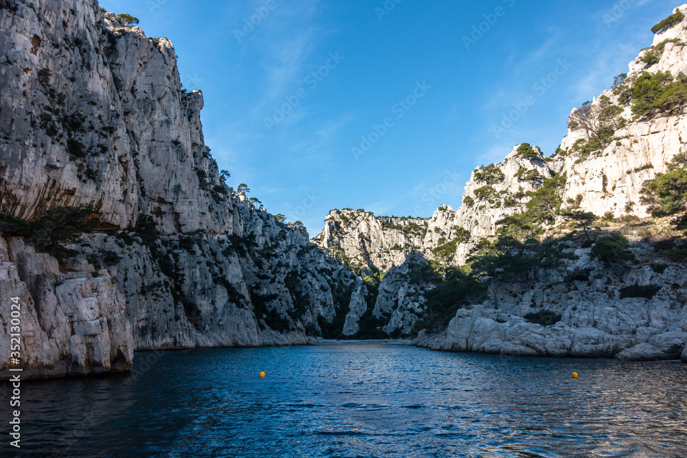 The Calanque d’En-Vau is spectacular because of the high cliffs. It's located near Cassis, Southern France The Calanque d’En-Vau is spectacular because of the high cliffs. It's located near Cassis, Southern France