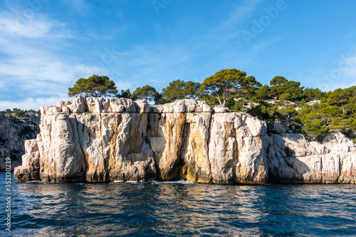 The imposing limestone cliffs overlooking the Mediterranean Sea at the Parc national des Calanques near Cassis, France