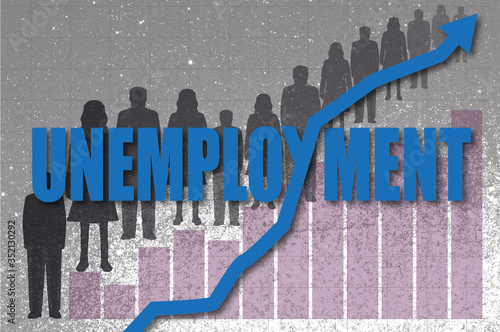 Unemployment word with line chart intersecting and silhouettes of unemployed people 
