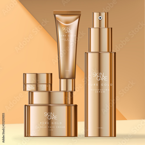Vector Skin Care or Beauty Gold Plated Packaging with Jars, Tube & Bottle.