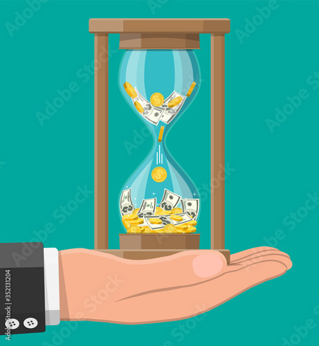 Money with hourglass clock in hand. Return on investment, gold coin increasing chart. Growth, income, savings, investment. Symbol of wealth. Business success. Flat style vector illustration.