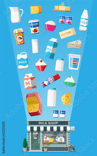 Dairy store or milk shop with signboard, awning. Store facade with storefront. Farmer shop, showcase counter. Milk cheese yogurt butter sour cream cottage cream farm products. Flat vector illustration