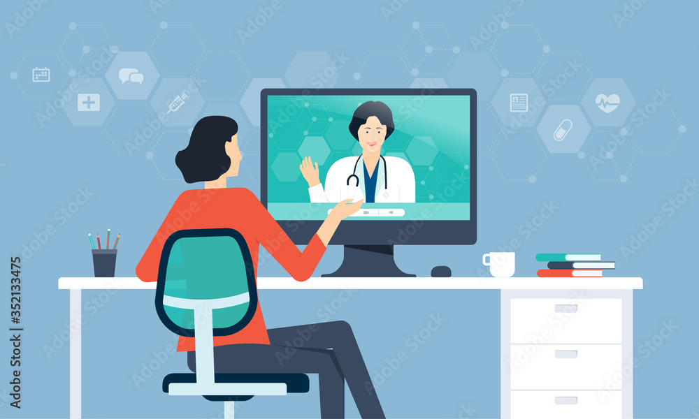 Women consult with doctor on monitor and online medical concept