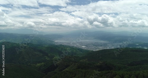 Aerial : City by the huge lake in Japan. Fly slow to the front. photo