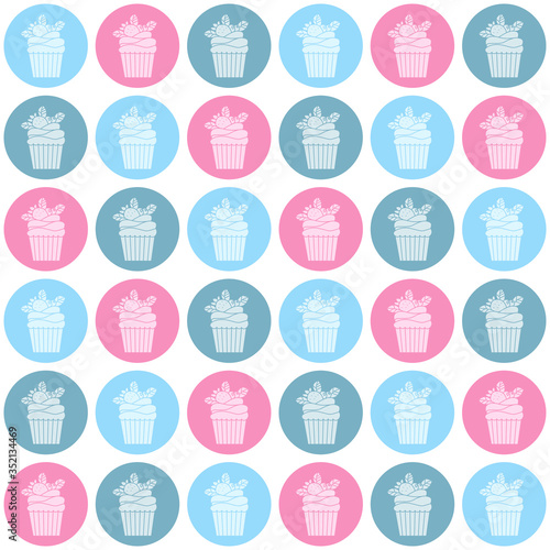 Seamless cupcakes pattern. Delicate blue and pink cupcakes print for wallpapers, covers, wrapping paper, menu, web. Food design, sweet bakery pattern.