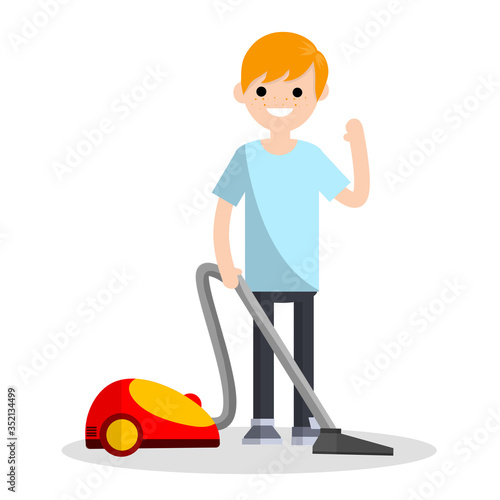 Man with vacuum cleaner in blue clothes. Home appliances. The guy cleans the dust and dirt at home. Home cares. Cartoon flat illustration