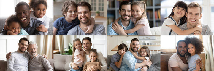 Happy multiethnic young adult and old daddies hugging children looking at camera. Smiling african and caucasian dads posing with kids for family faces headshots portraits. Fathers day concept. Collage