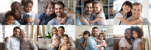 Happy multiethnic young adult and old daddies hugging children looking at camera. Smiling african and caucasian dads posing with kids for family faces headshots portraits. Fathers day concept. Collage