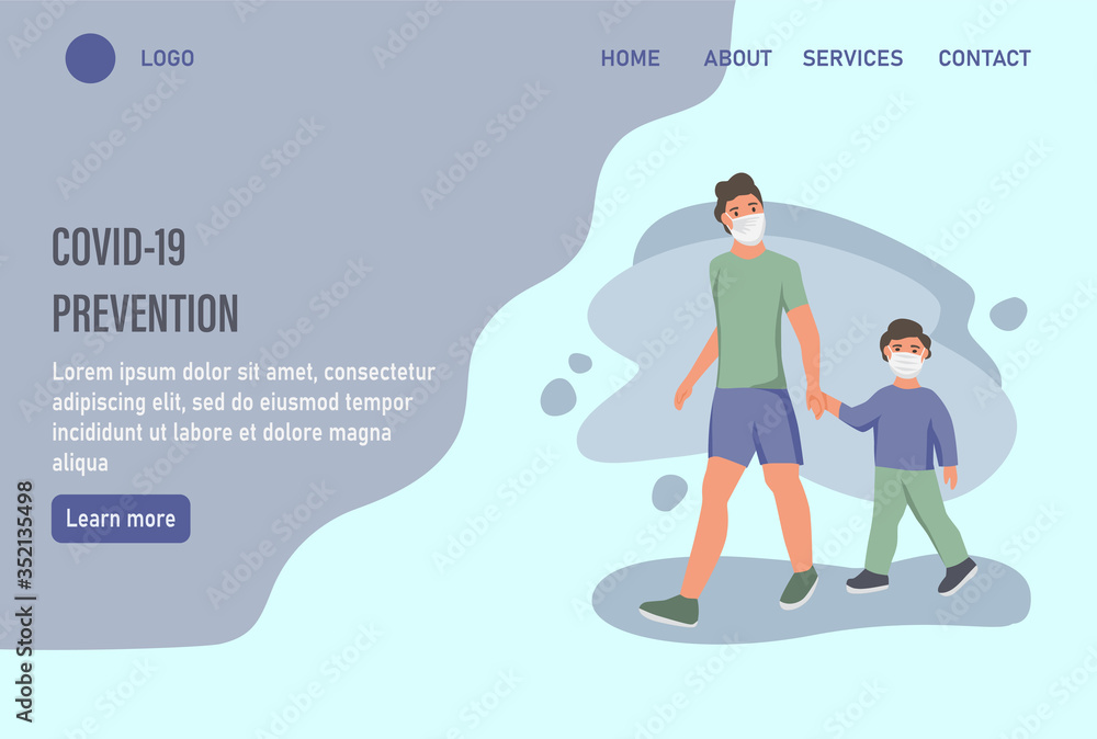 People wearing protection from urban air pollution, smog, vapor. Coronavirus quarantine, respiratory virus concept. Protective face dust masks.  Website homepage landing web page template.