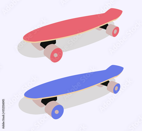 vector image. The illustration shows pink and blue longboards with light wheels and a shadow. can be used in business for the sale or rental of boards